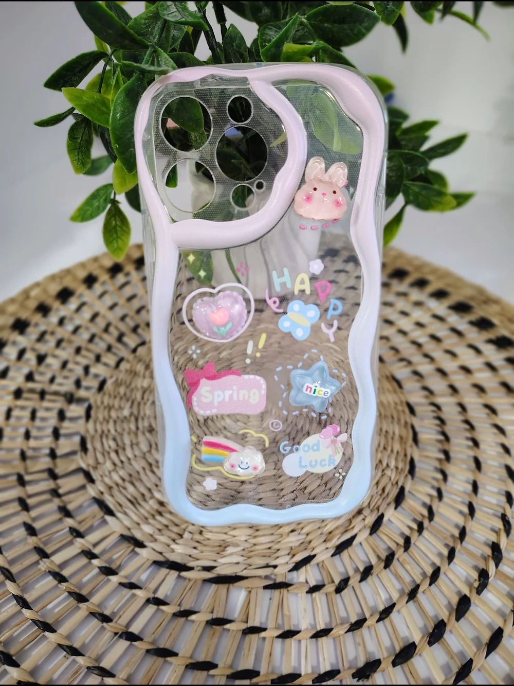Cute Pastel Bunny & Spring Sticker Clear IPhone 14 Pro Case - Pink & Blue Trim